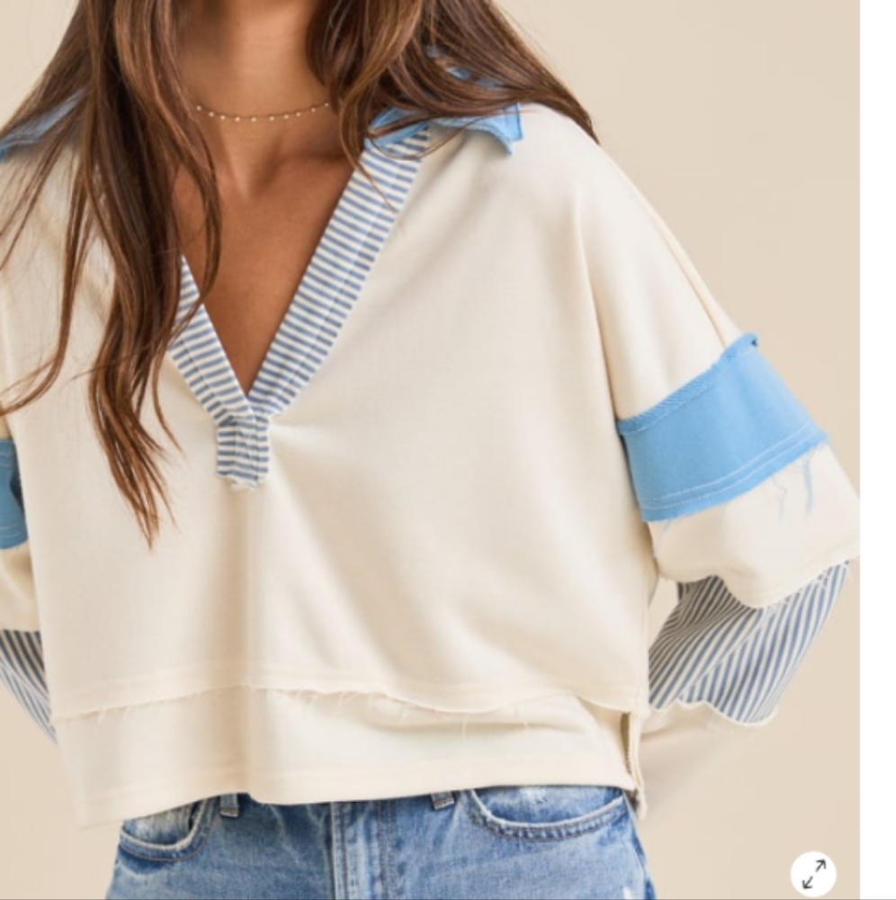 Alter'd State Blake Cropped Polo Pullover Ivory Blue XS